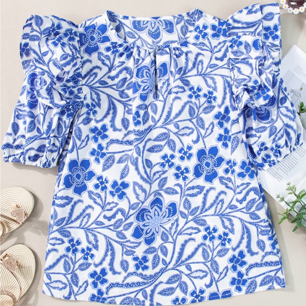 Blue and White Floral Blouse